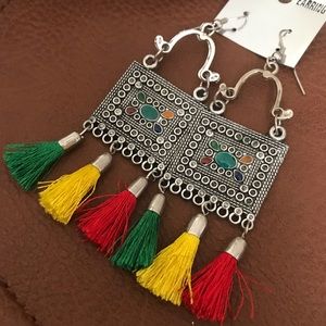 NEW Silver Boho Square Dangle Earrings w Tassels
